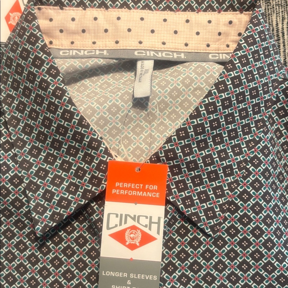 Cinch Ladies Geometric Grey & Teal Button Down Shirt - Picture 3 of 4